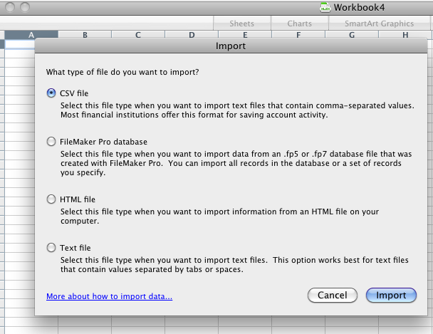 Choose import data type Excel 2008