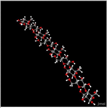 A cellulose molecule. Cellulose is a carbohydrate produced by plants that comprises most of the woody tissue biomass in plants. 