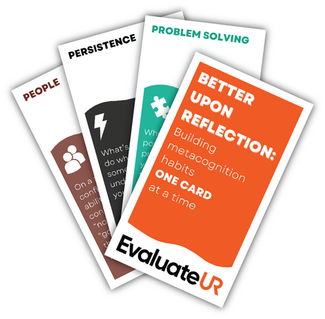 Illustration of four cards with metacognitive learning prompts