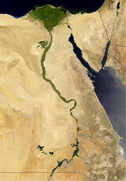 Oblique view from space of Nile River, Nile River Delta, and Sinai Peninsula, described in caption.