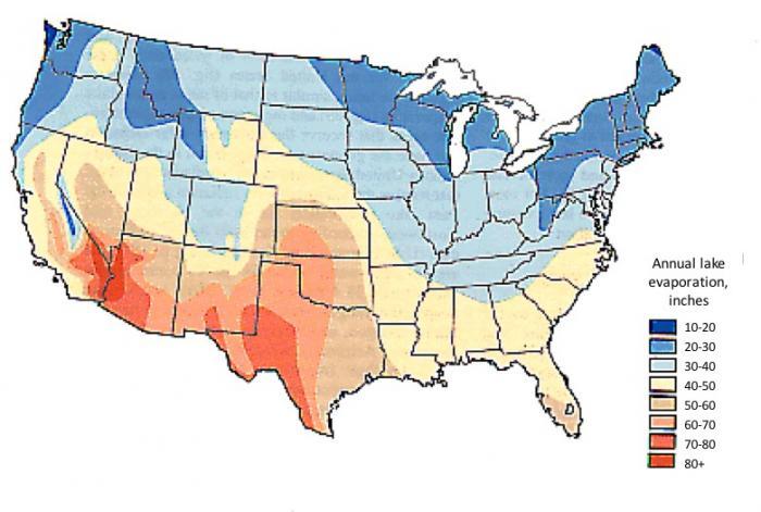 map of mean annual lake evaporation in the conterminous United States, 1946-55.