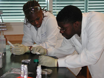 Shalynn Mills (left) and Ammar Hanif (right) isolate DNA from marine sponges