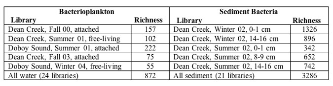 Estimated species richness in selected SIMO 16S rRNA clone libraries.