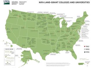 Land Grant Map of Colleges: Map of the United States showing locations of land grant universities.